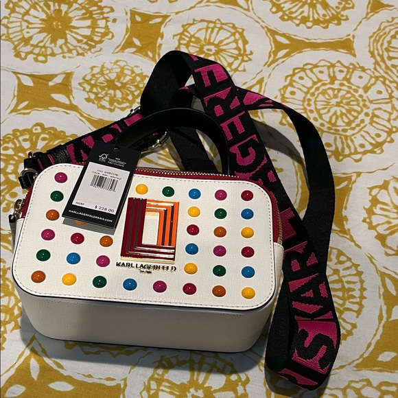 Karl Lagerfeld White Crossbody Bag with Multicolor Studs - Picture 1 of 11